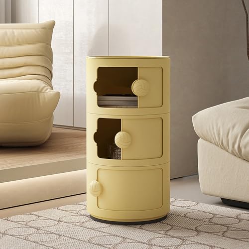 3 Tier Round Nightstand with Drawers, Plastic Yellow Nightstand Modern Round Bedside Table with Handles and Sliding Door for Bedroom, Living Room - color: Yellow