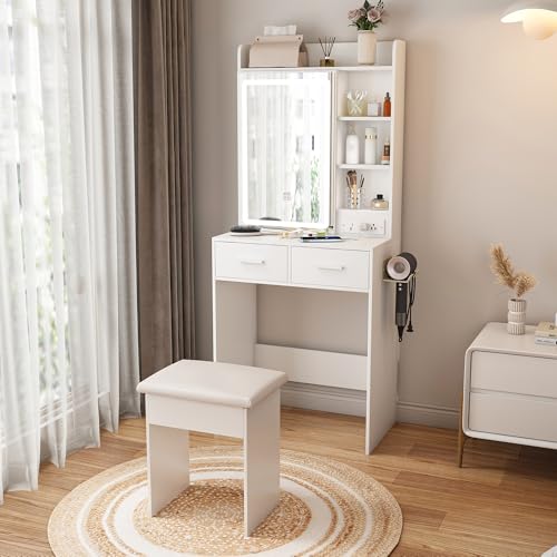 Small Vanity Desk Set with Lighted Mirror and Stool, Compact Makeup Table Set with Light - 3 Color Models, Dressing Makeup Table with Hair Dryer Rack & Power Strip & 2 Drawers for Bedroom Apartment