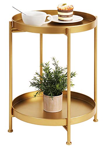 Tiita Round End Table Mental 2-Tier Side Table Nightstand/Small Iron Tables Accent Coffee Table for Living Room Bedroom Office Small Space - color: Teatable-gold