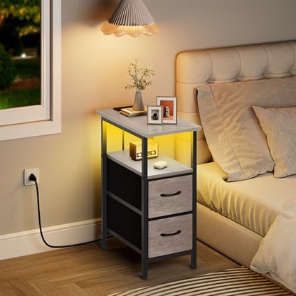Vagusicc Set of 2 Nightstand with Charging Station and LED Lights, Narrow Side Table, LED Night Stand with 2 Fabric Drawers, Bedside Table Small End Table, Tall Nightstand for Bedroom, Rustic Grey - color: Greige, size: 2, style: With LEDs