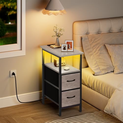 Vagusicc Set of 2 Nightstand with Charging Station and LED Lights, Narrow Side Table, LED Night Stand with 2 Fabric Drawers, Bedside Table Small End Table, Tall Nightstand for Bedroom, Rustic Grey - color: Greige, size: 2, style: With LEDs