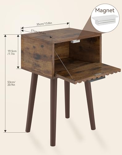 YMYNY Fluted Nightstand Set of 2, Small End Table, Modern Coffee Table with Drawer, Solid Wood Legs, Retaining Chain, 13.8" x 10.6" x 20.9", for Bedroom and Small Spaces, Rustic Brown UHST014H-2 - color: Rustic Brown
