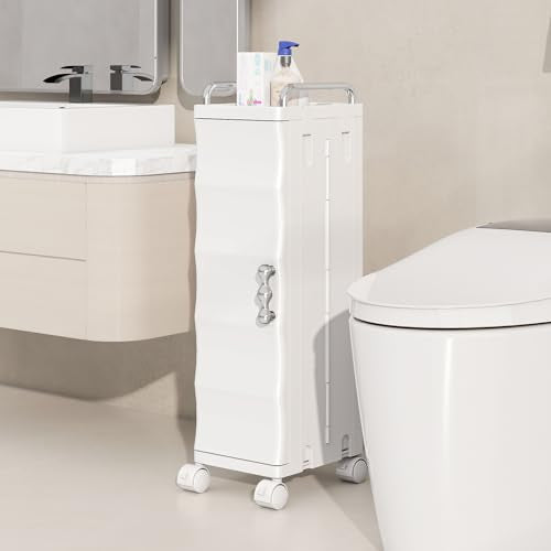 KHNR Slim Bathroom Storage Cabinet with Wheels, Foldable Design with 2 Shelves, Narrow Rolling Organizer with Door for Small Spaces,Bathroom,Kitchen,Laundry,White - color: White, size: 3-Tiers