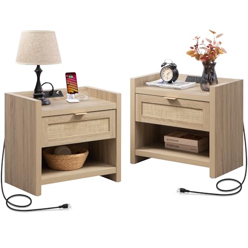 SICOTAS Rattan Nightstands Set of 2 Bedside Table - Boho Night Stand with Type-C Charging Station, Wicker Decor Drawer Storage End Table Night Stands for Bedroom - Light Oak - color: Reclaimed Light Oak, size: 2 Pieces