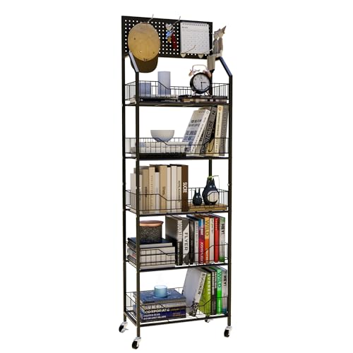 5 Tier Retail Storage Rack, Snack Rack Display Stand, Retail Display Organizer Shelves with Hooks & Wheels, Metal Snack Shelf for Store Home Kitchen, Black Chip Rack Display Stand (5 Tier) - size: 5 Tier（19.7inch）