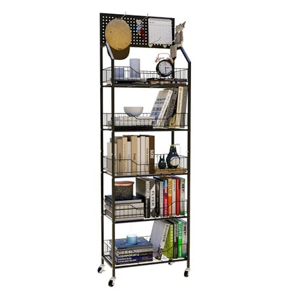 5 Tier Retail Storage Rack, Snack Rack Display Stand, Retail Display Organizer Shelves with Hooks & Wheels, Metal Snack Shelf for Store Home Kitchen, Black Chip Rack Display Stand (5 Tier) - size: 5 Tier（19.7inch）