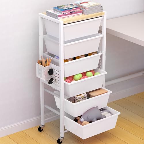Rolling Cart with Drawers, Rolling Storage Cart with 6 Large Plastic Drawers & Wooden Tabletop, Utility Cart with Pegboards & Basket, Storage Drawers Cart for Living Room, Classroom, Bedroom, Office - color: White, size: 6 Drawers