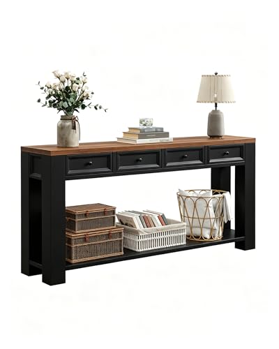 FUSOU 63 Inch Console Table, Sofa Table Behind Couch, Entryway Table with 4 Drawers & Open Shelf, Farmhouse Sofa Table for Living Room (Black) - color: Black