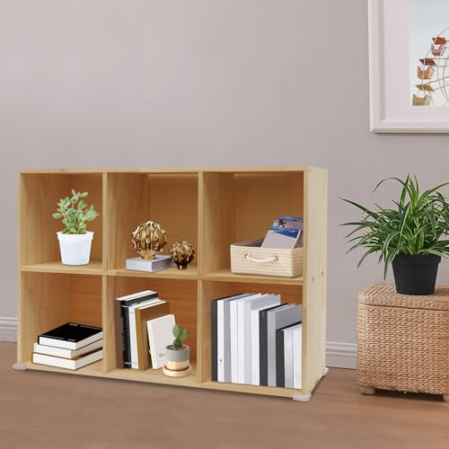 6 Cube Bookcase, 2-Tier Solid Wood Storage Organizer, Floor Standing Display Cabinet Bookshelf with Back Panels, Open Shelf for Bedroom, Living Room, Office 35.4"W X 11.8"D X 23.6"H (Wood)