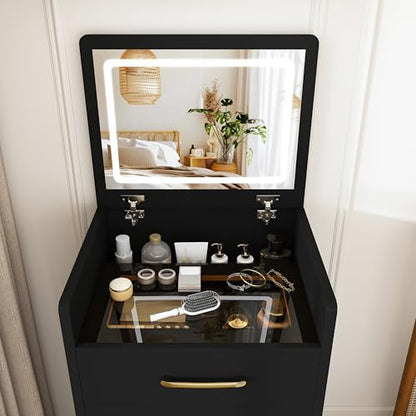 3-in-1 Black Gold Vanity Desk, Compact Makeup Vanity Set with Flip-up Mirror, Visible Glass Desktop, 3 Drawers, Hidden Storage, Multifunctional Dressing Table Nightstand Combo for Small Bedroom