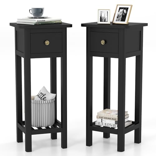 Tangkula 2-Tier Narrow Side Table with Drawer, Acacia Wood Tall End Table for Small Spaces, Farmhouse Slim Bedside Table with Open Shelf, Nightstand for Living Room, Bedroom, No Assembly (2, Black) - color: Black