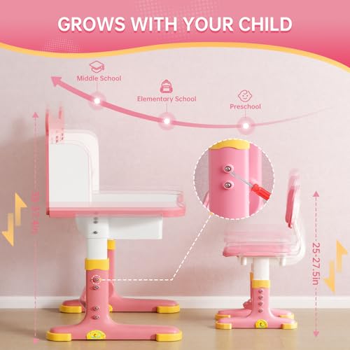 Kids Desk and Chair Set, Height Adjustable Child's School Study Writing Tables, Kids Desk with Bookstand and Storage Drawer, Widened Desktop with Desktop for Boys and Girls (Pink-F) - color: Pink-f
