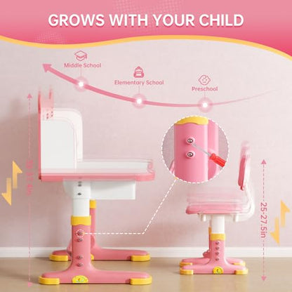 Kids Desk and Chair Set, Height Adjustable Child's School Study Writing Tables, Kids Desk with Bookstand and Storage Drawer, Widened Desktop with Desktop for Boys and Girls (Pink-F) - color: Pink-f