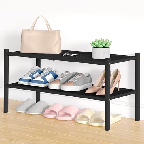 Smiry Bamboo Shoe Rack, 2 Tier Shoe Organizer for Closet, Black | Stackable Shoe shelf for Entryway, Free Standing Storage for Shoes, Bags & Plants, with Solid Slab Shelves - color: Black, size: 2 Tier-26.77" Wide