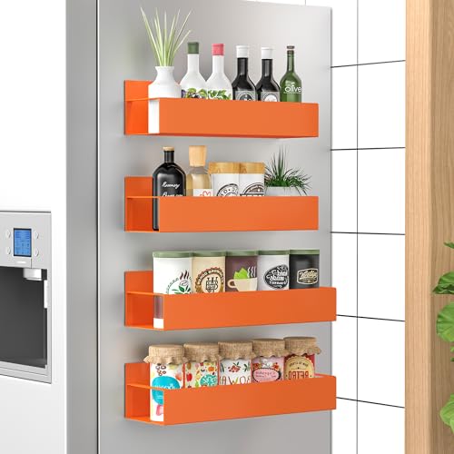 Metal Magnetic Spice Rack for Refrigerator Orange, 4 Pack | Magnetic Shelves Heavy Duty for Fridge in Kitchen, Seasoning Storage Organizer, For Oven Washer and Dryer, For Heavier Items - color: Orange, size: 4 Pack