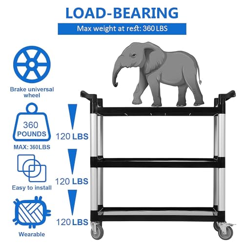 Utility Service Cart 3 Shelf with Wheel, Plastic Heavy Duty 3-Tier Rolling Utility/Push Food Service Cart for Office, Warehouse, Garage, Restaurant, Cleaning, 360lbs Capacity, Black