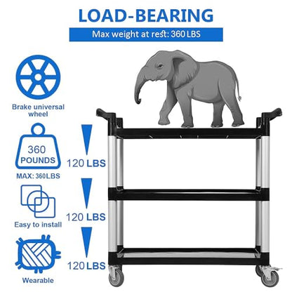 Utility Service Cart 3 Shelf with Wheel, Plastic Heavy Duty 3-Tier Rolling Utility/Push Food Service Cart for Office, Warehouse, Garage, Restaurant, Cleaning, 360lbs Capacity, Black