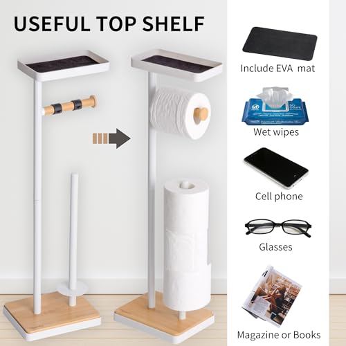 Clasin Home Toilet Paper Holder Stand, Free Standing Toilet Paper Holder with Storage and Top Shelf, White Toilet Paper Stand Weighted Base with Bamboo Design for Bathroom - color: White With Bamboo Base