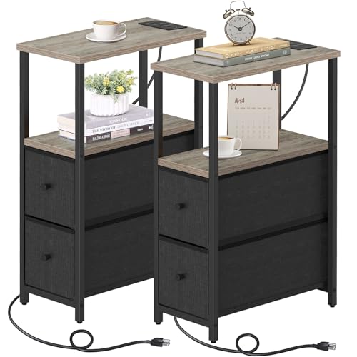 TUTOTAK Small Narrow End Table with Charging Station, Set of 2, Side Table with Outlets, Nightstand with 2 Cloth Drawers, Couch Table, for Living Room, Bedroom, Bedside, Greige TB01BG055 - color: Greige, style: 2 Drawers & Plug