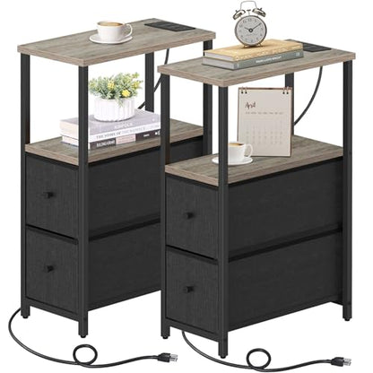 TUTOTAK Small Narrow End Table with Charging Station, Set of 2, Side Table with Outlets, Nightstand with 2 Cloth Drawers, Couch Table, for Living Room, Bedroom, Bedside, Greige TB01BG055 - color: Greige, style: 2 Drawers & Plug