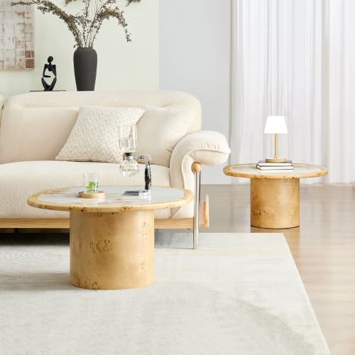 Curved Round Coffee Table Set of 2 with Sintered Stone Tabletop for Living Room, Modern Mid-Century Retro Pedestal Nesting Coffee Table, Burl Wood Veneer, Natural, 2-Pcs - color: 2-pcs-natural