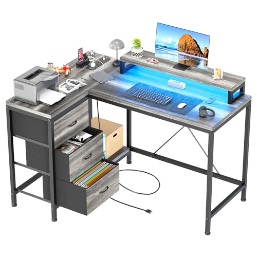 Patikuin L Shaped Desk with Power Outlets & LED Lights, Computer Desk with Drawers & Shelves, Corner Desk Gaming Desk Home Office Desk, Oak - color: Oak
