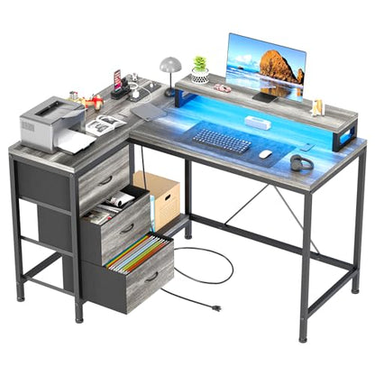 Patikuin L Shaped Desk with Power Outlets & LED Lights, Computer Desk with Drawers & Shelves, Corner Desk Gaming Desk Home Office Desk, Oak - color: Oak