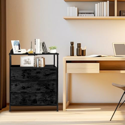 3-Drawer LED Nightstand Set 2 with Charging Station, Black | Engineered Wood and Steel, 2 AC and 2 USB ports, 24 Inch Wide, RGB App Control, Fabric Drawers, Open Storage Shelf - color: Black, 2 Pack
