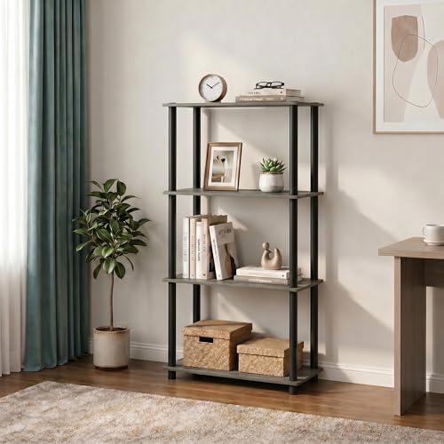 Furinno Turn-N-Tube Storage Shelves, 4-Tier Book Shelf, Corner Shelf, Toolless Open Shelves, for Organization and Storage, Living Room, Bedroom, Entryway, Laundry, Grey Oak - color: Grey Oak/Black, size: 4-Tier