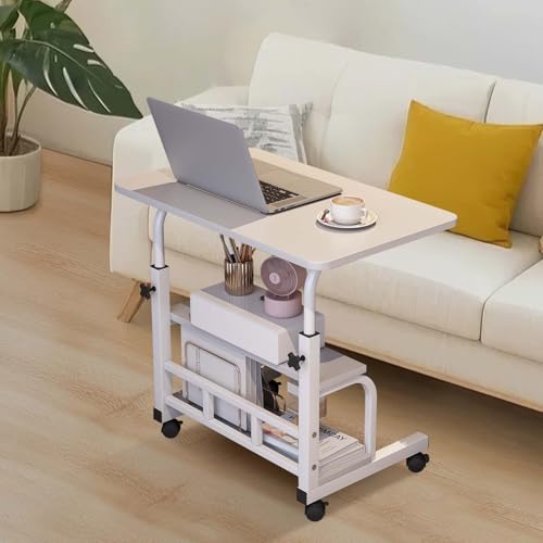 Adjustable Height Mobile Standing Desk with Wheels – Portable Rolling Computer Table – Storage Shelves – Home Office & Small Spaces - color: White 80 X 40cm