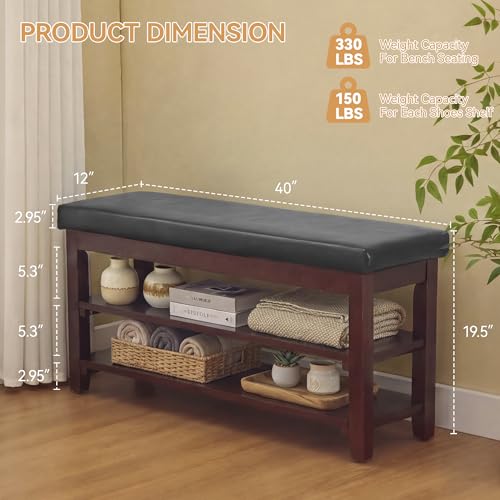 40" Faux Leather Shoe Storage Bench Entryway, Upholstered Bench with Leather Cushion, Solid Wooden 2 Tier Rack Shoe Organizer for Entry Way, Bedroom, Living Room, Black - color: Black