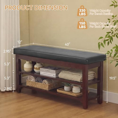 40" Faux Leather Shoe Storage Bench Entryway, Upholstered Bench with Leather Cushion, Solid Wooden 2 Tier Rack Shoe Organizer for Entry Way, Bedroom, Living Room, Black - color: Black