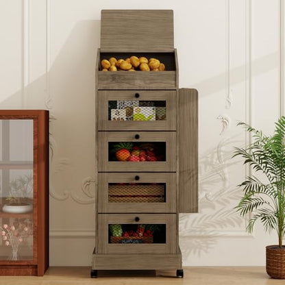 ARTETHYS Potato Storage Bin 5-Tier Rolling White Bread Box with Side Rack | Onion Keeper with Spice Rack on Wheels, Movable Fruit & Vegetable Container with 4 Ventilated Drawers for Kitchen - color: Gray