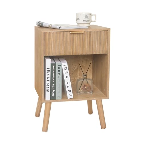 Fultyle Night Stand with Drawer, Mid Century Nightstand with Storage, Modern Fluted Bedside Table Bedroom Living Room for Small Space, Office (Rustic Walnut) - color: Rustic Walnut