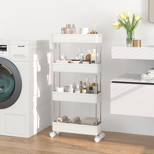 VECELO Storage Rolling Cart, 4 Tier Utility Cart Kitchen Slim Mobile Storage Unit Organizers with Wheels Hooks&Hanging Cups for Bedroom Bathroom Office Table Side in Narrow Places, White - color: White, size: 4 Tier