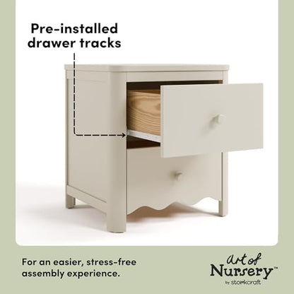 Storkcraft Casablanca 2 Drawer Nightstand, Frosted Oat | GREENGUARD Gold Certified, Storage for Kids Bedroom, Premium Wood Nightstand with Iconic Wave Detailing and Rounded Posts - color: Frosted Oat, style: Nightstand