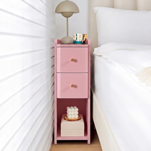 Pink Narrow Nightstand, Wooden Small 2 Drawer Nightstand, Slim Side End Table, Skinny Bedside Table, Mid Century Modern Night Stand with Drawers, for Living Room (Pink-1 pc) - color: Pink-1 Pc