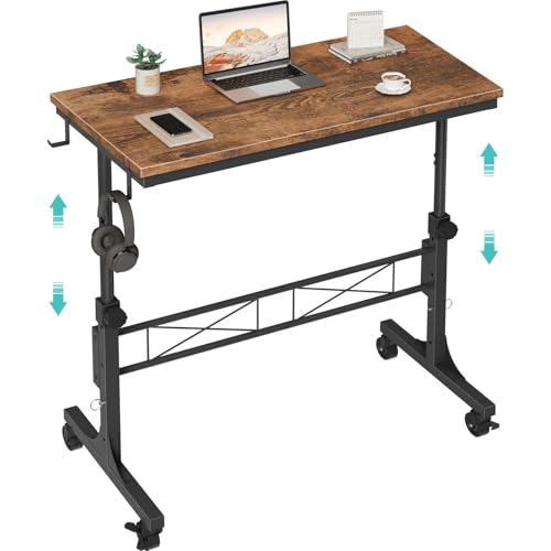 Small Portable Rolling Standing Desk - 32 Inch Adjustable Height Mobile Stand Up Desks with Wheels for Treadmill Walking Pad, Teacher Podium for Classroom, Couch Sofa Side Laptop Table, Rustic Brown - color: Brown
