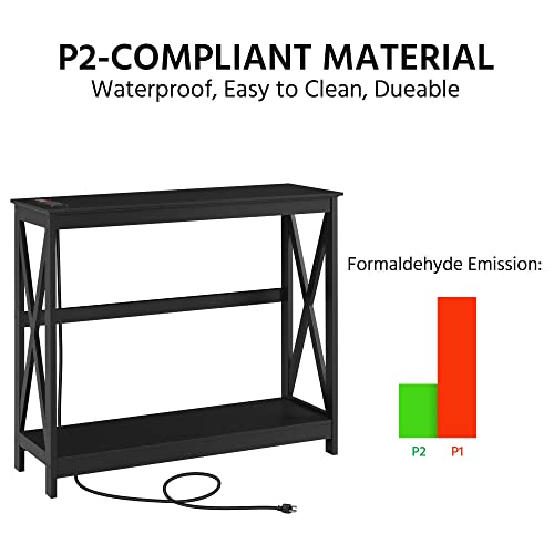 Yaheetech 40" Console Table with Power Outlets and USB Ports, Wood Entryway Table with Charging Station & Storage Shelf, Narrow 2-Tier Sofa Table for Living Room Hallway Foyer, Black - color: Black