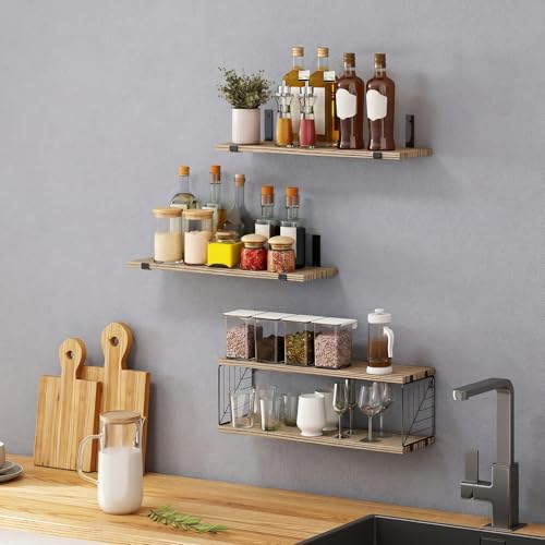 Fixwal 3+1 Tier Bathroom Floating Shelves Over Toilet, Light Brown | Rustic Wood Shelf Set with Toilet Paper Storage Basket, Natural Finish, 40Lb Weight Limit, Quick Mount, Versatile - color: Rustic Brown
