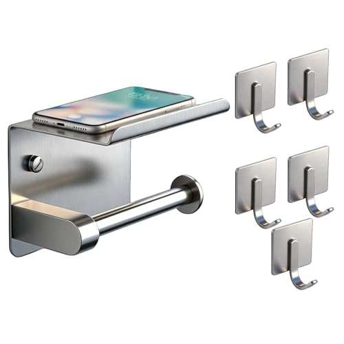 Toilet Paper Holder with Phone Shelf, Tissue Roll Holder with Storage Shelf | Adhesive or Screw Wall Mount Toilet Tissue Roll Holder for Bathroom Washroom, With 5 Stainless Hook, Rustproof, Silver