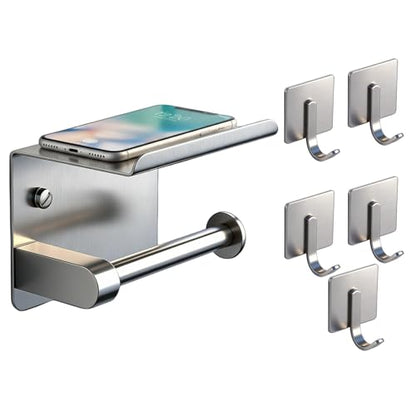 Toilet Paper Holder with Phone Shelf, Tissue Roll Holder with Storage Shelf | Adhesive or Screw Wall Mount Toilet Tissue Roll Holder for Bathroom Washroom, With 5 Stainless Hook, Rustproof, Silver