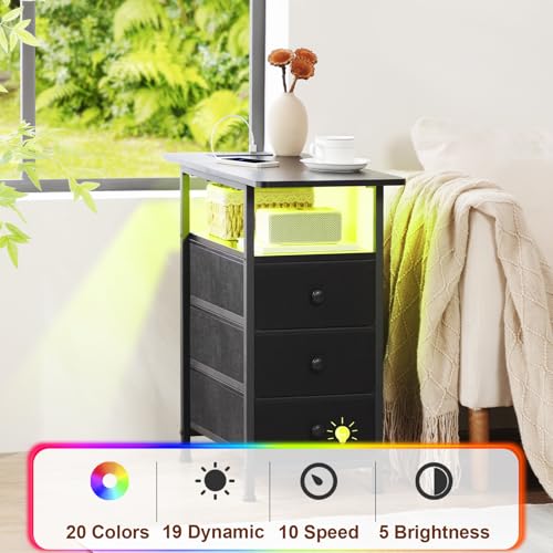 AMHANCIBLE Narrow End Table Living Room with Charging Station, Slim LED Nightstand with Fabric Drawers, Skinny Side Table for Bedroom, Small Spaces, Couch, Black, HETN013LBK-1 - color: Black, style: LED Light & Power