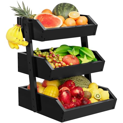 Bamboo 3 Tier Fruit Basket For Counter, Large Capacity Fruit Storage Countertop, Fruit Holder, Wooden Pantry Organizers and Storage, Kitchen Countertop Organizer With 2 Banana Hangers (Black) - color: Black-3 tier