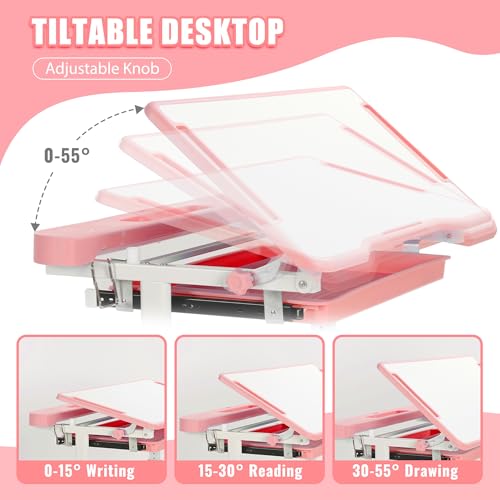 Rengue Kids Desk and Chair Set, Height Adjustable Children School Functional Study Desk with 55° Tiltable Desktop, 3 Modes & Brightness LED Light, Storage Drawer & Metal Hook for Boys Girls (Pink) - color: Pink