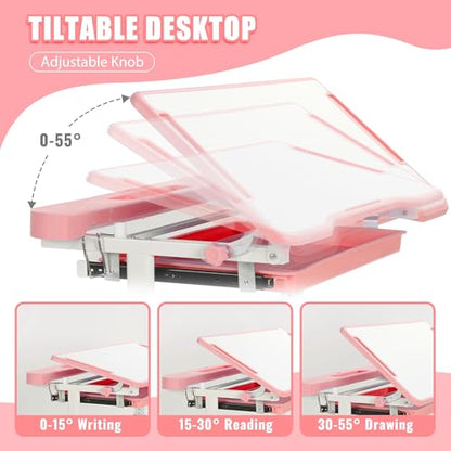 Rengue Kids Desk and Chair Set, Height Adjustable Children School Functional Study Desk with 55° Tiltable Desktop, 3 Modes & Brightness LED Light, Storage Drawer & Metal Hook for Boys Girls (Pink) - color: Pink