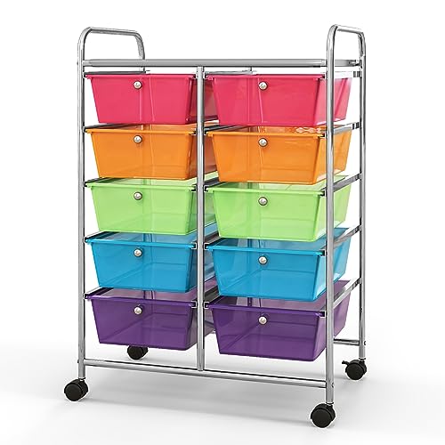 10-Drawer Rolling Cart with Drawers, Storage Cart with Universal Wheel & Metal Frame, Multipurpose Mobile Trolley Utility Cart for Makeup Kitchen Office Play Room (Rainbow) - color: Rainbow