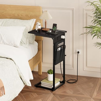C Shaped End Table with Charging Station, Adjustable Height Side Table for Sofa, Couch Side Table for Small Spaces, Slide Under Sofa TV Tray Snack Arm Tables for Living Room, Bedroom, Black - color: Black, style: With Plug