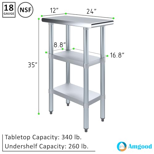 Stainless Steel Work Table with 2 Shelves | Metal Utility Table | Commercial & Residential NSF Utility (Stainless Steel Table with 2 Shelves, 12" Long x 24" Deep) - size: 12" Long x 24" Deep