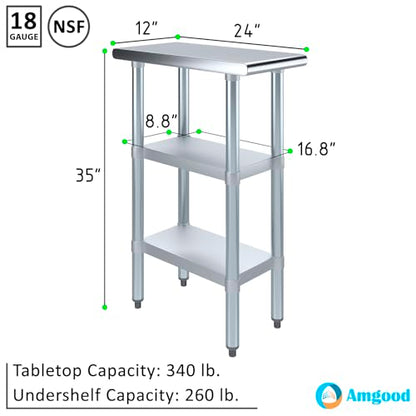 Stainless Steel Work Table with 2 Shelves | Metal Utility Table | Commercial & Residential NSF Utility (Stainless Steel Table with 2 Shelves, 12" Long x 24" Deep) - size: 12" Long x 24" Deep